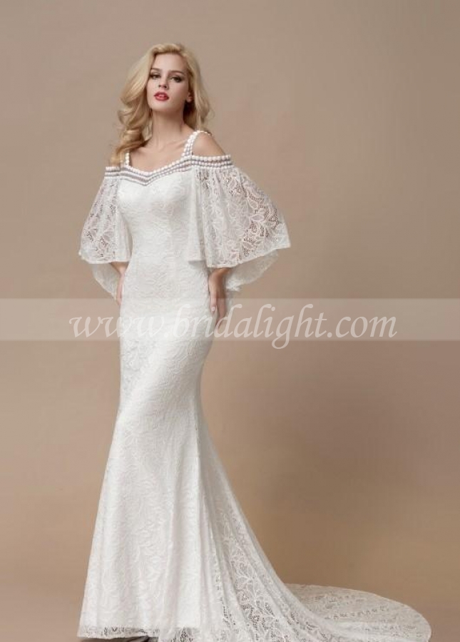 Flutter Sleeves Mermaid Lace Bridal Dresses with Pearls Neckline