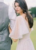 Flare Sleeve Luxury V-Neck Backless Beaded Wedding Dresses