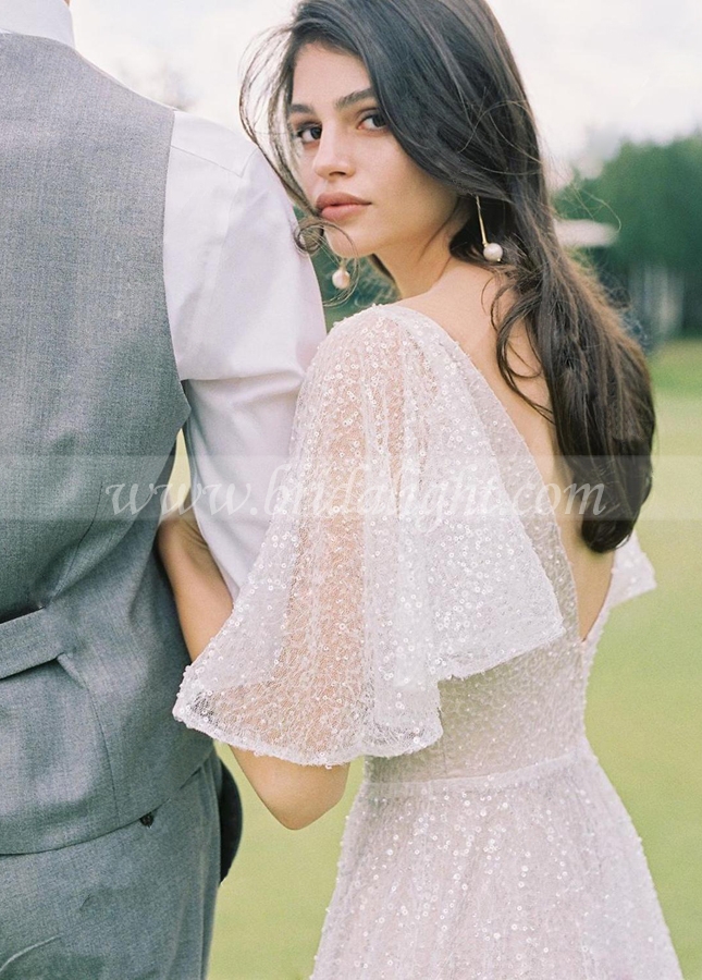 Flare Sleeve Luxury V-Neck Backless Beaded Wedding Dresses