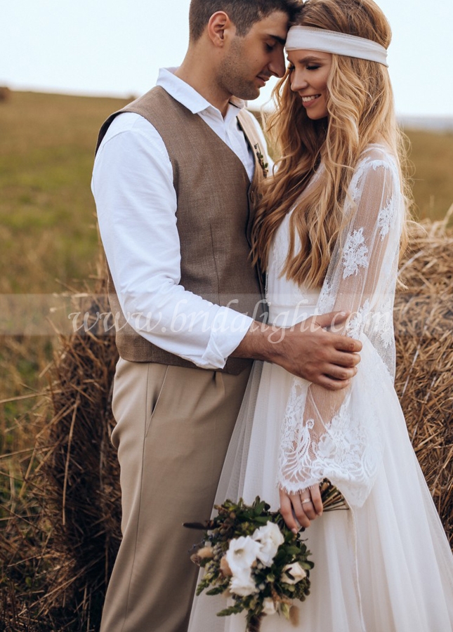 Flare Sleeve Tulle Wedding Dresses Floor Length Country Wedding Gowns Long Sleeve Bridal Dress Noivas Chic