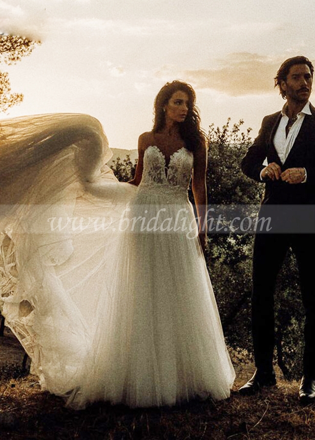 Fairy Lace Tulle wedding Dresses Sheer Neck A Line Boho Bridal Weddig Gowns