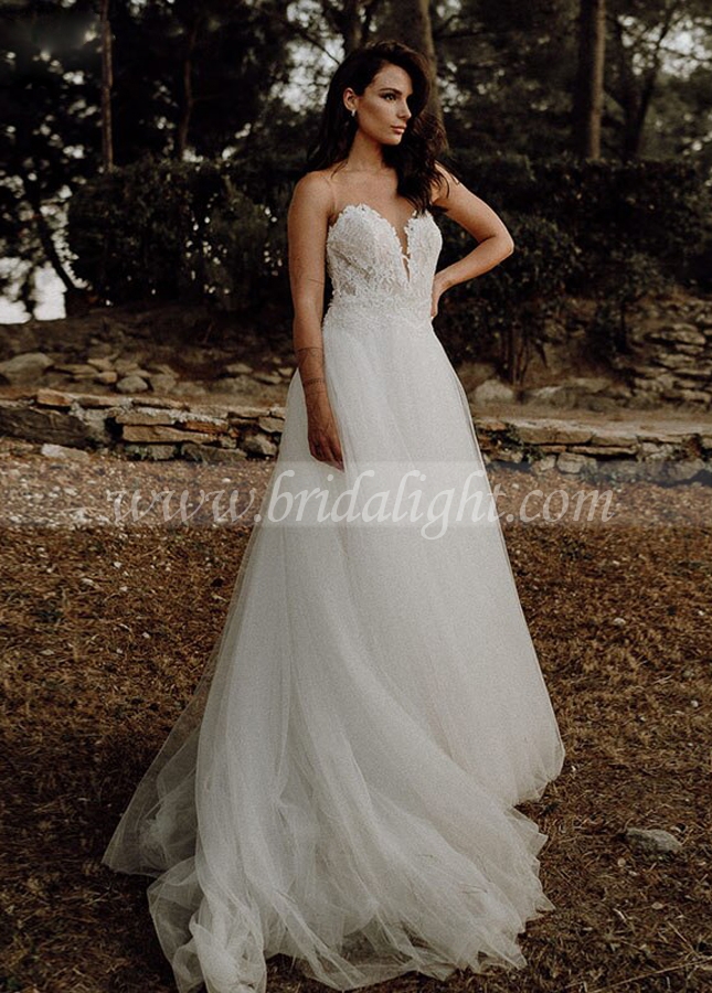 Fairy Lace Tulle wedding Dresses Sheer Neck A Line Boho Bridal Weddig Gowns