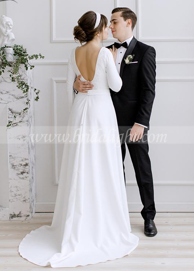Full Sleeve Soft Satin Wedding Dresses A Line Lace Appliques Bridal Dresses Country Outdoor Robe de Soriee Chic Noivas