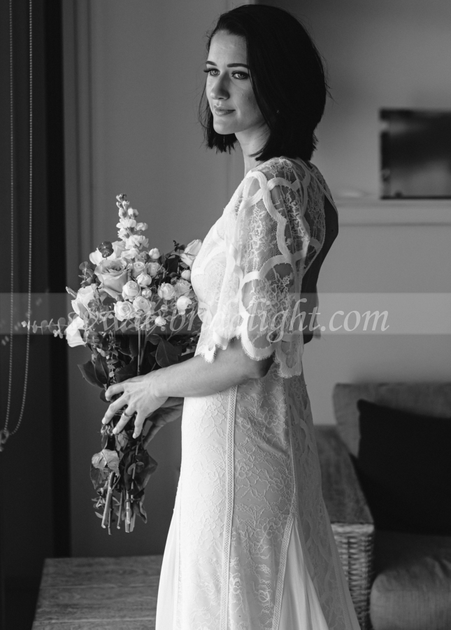 Flower Sleeve V-Neck Backless Bohemian Lace Wedding Dresses