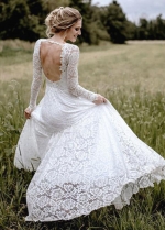 Full Lace Mermaid Long Sleeve Backless V Neck Summer Beach Bridal Gowns
