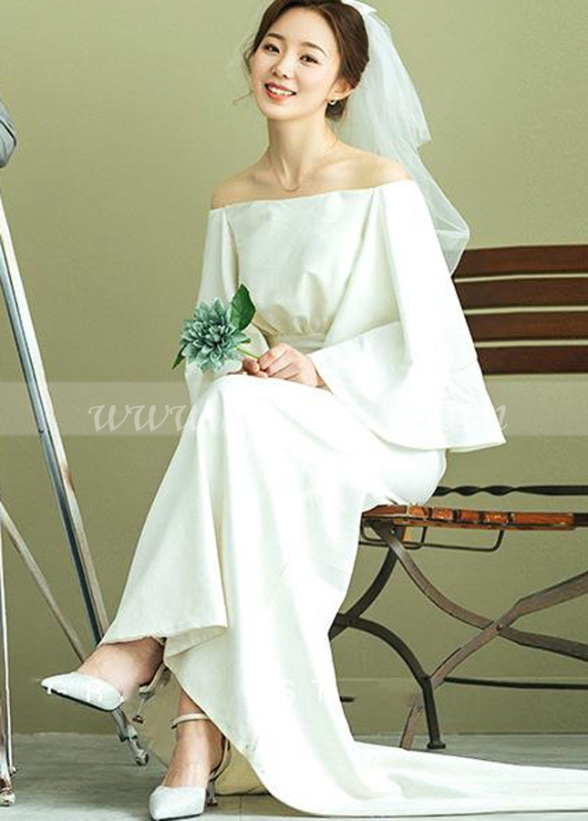 Flare Sleeves Mermaid Long Wedding Dresses Simple Off Shoulder Bride Dress
