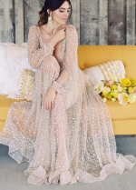 Glittering Sequins Beads Outdoor Wedding Dress Long Sleeves