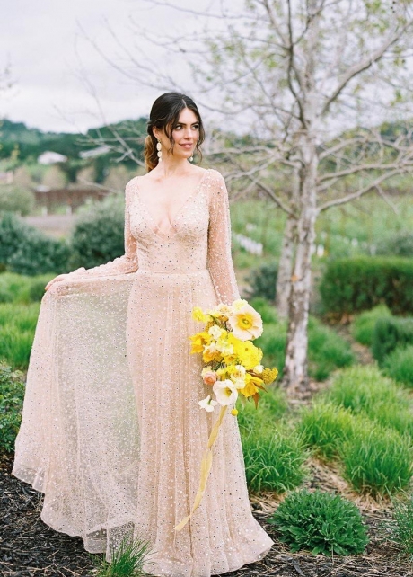 Glittering Sequins Beads Outdoor Wedding Dress Long Sleeves