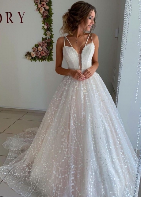 Gorgeous Lace Bridal Gown with Plunging Neckline