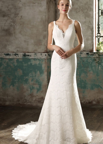 Good-looking V-neck Column Wedding Dress Lace vestido de noiva de renda