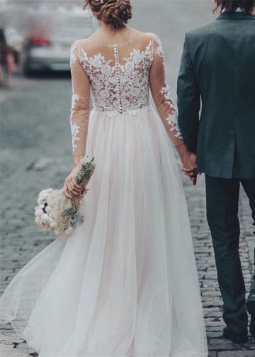 Gorgeous Tulle Lace Applique Wedding Dresses 3/4 Long Sleeve A-Line Bridal Dress See Through Bodice