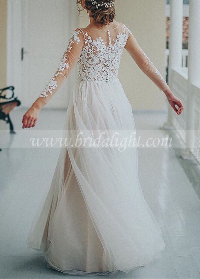 Gorgeous Tulle Lace Applique Wedding Dresses 3/4 Long Sleeve A-Line Bridal Dress See Through Bodice