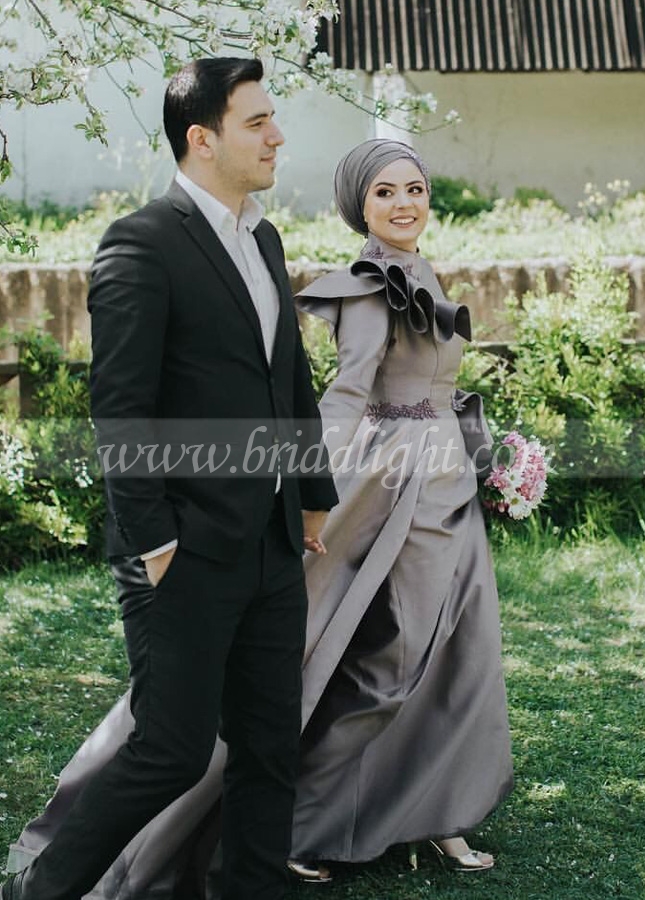 Gray Satin Long Sleeves A Line Muslim Wedding Dresses Long Sleeves