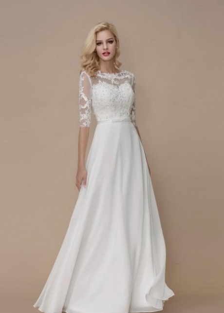 Half Sleeves Lace Beach Bridal Dress with Chiffon Skirt
