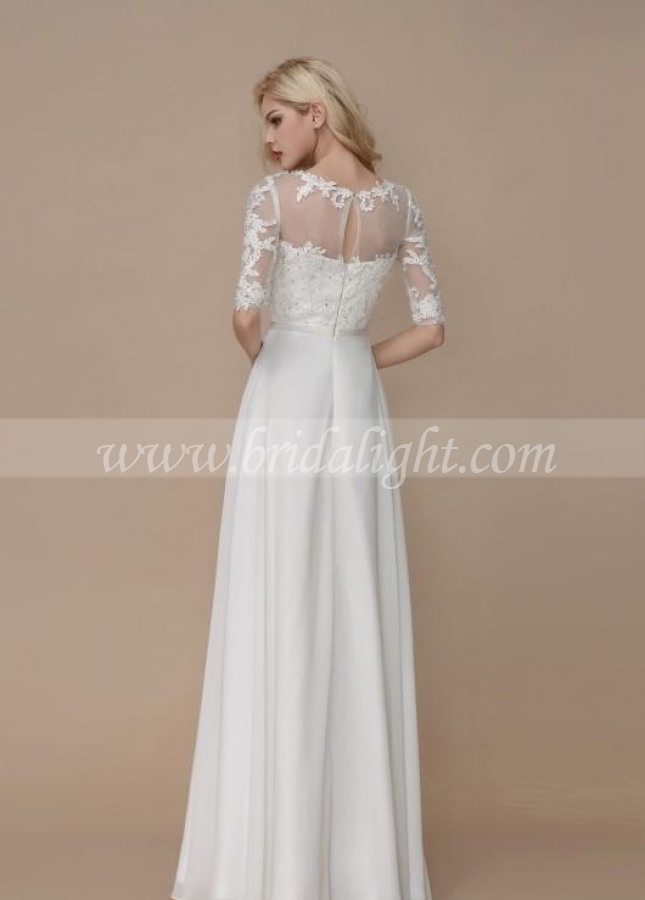 Half Sleeves Lace Beach Bridal Dress with Chiffon Skirt