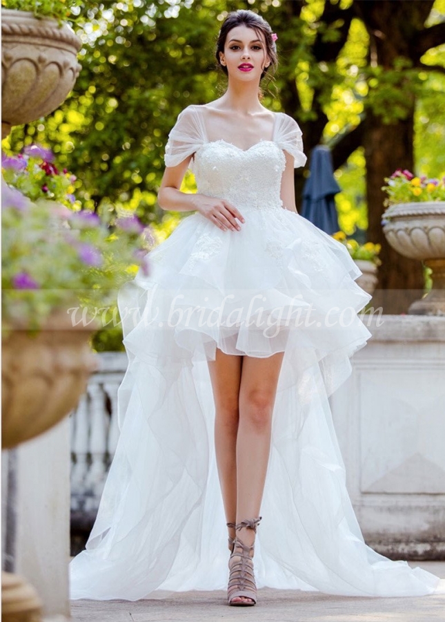 Horsehair Trim Hi-lo Wedding Dresses with Tulle Wrapped Sleeves