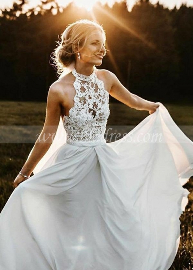 Halter Lace Beach Wedding Dress with Chiffon Skirt