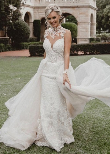 High Neck Lace Wedding Dresses Mermaid Beaded Luxury Bridal Gowns With Detachable Skirt