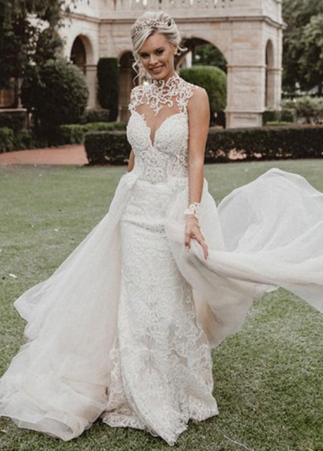 High Neck Lace Wedding Dresses Mermaid Beaded Luxury Bridal Gowns With Detachable Skirt