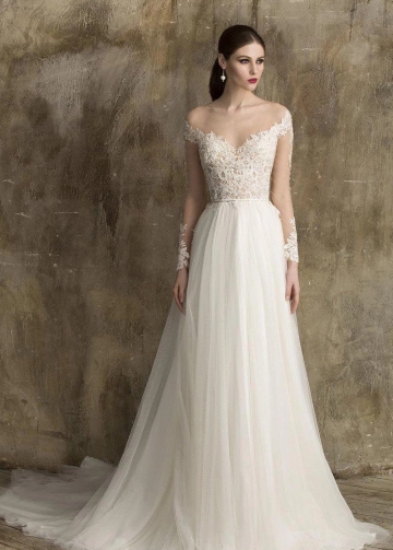 Ivory Lace Tulle Wedding Gown with Illusion Neckline