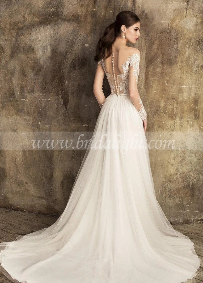 Ivory Lace Tulle Wedding Gown with Illusion Neckline