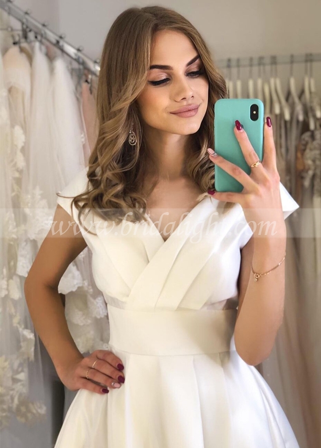 Ivory V-neck Satin Cap Sleeves Wedding Dress with Cut Out Back