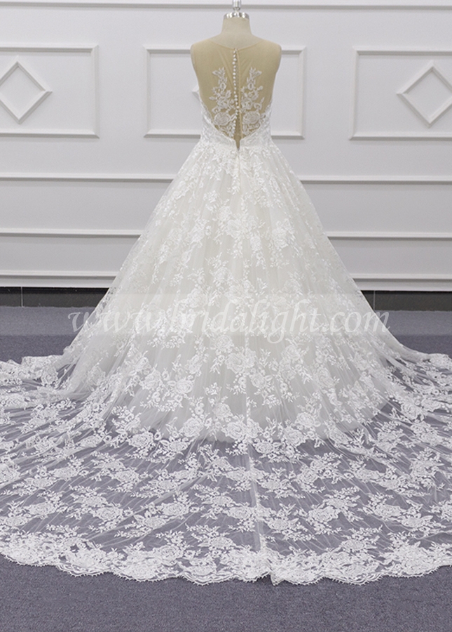 Illusion Neckline Lace Tulle A-line Wedding Dresses