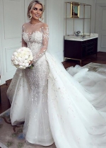 Illusion Sleeves Mermaid Lace Wedding Dress with Overskirt
