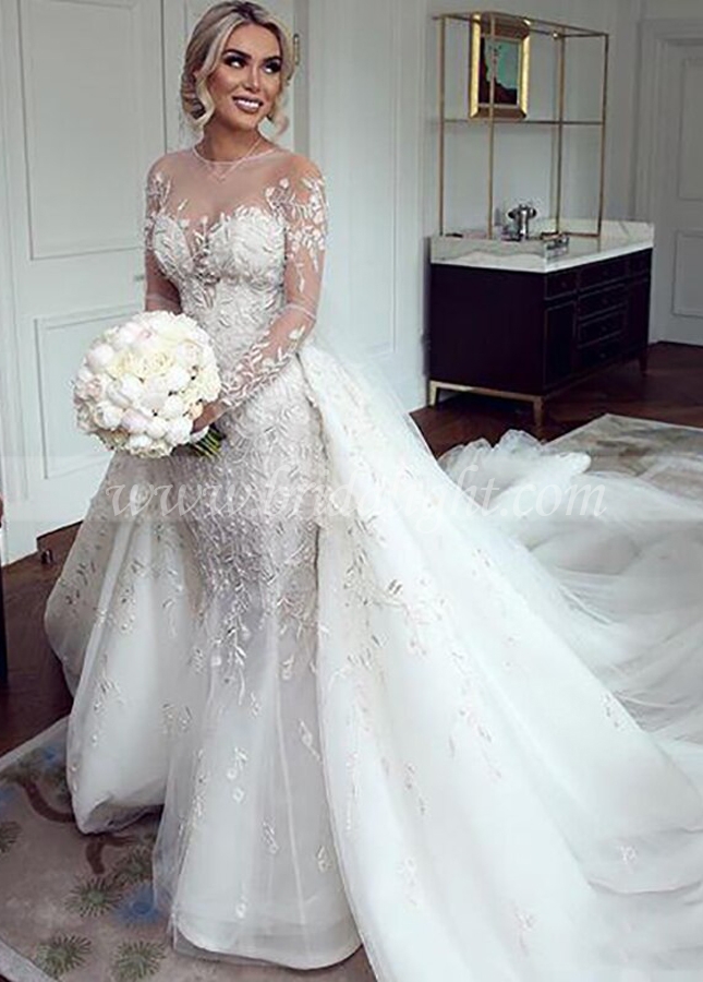Illusion Sleeves Mermaid Lace Wedding Dress with Overskirt
