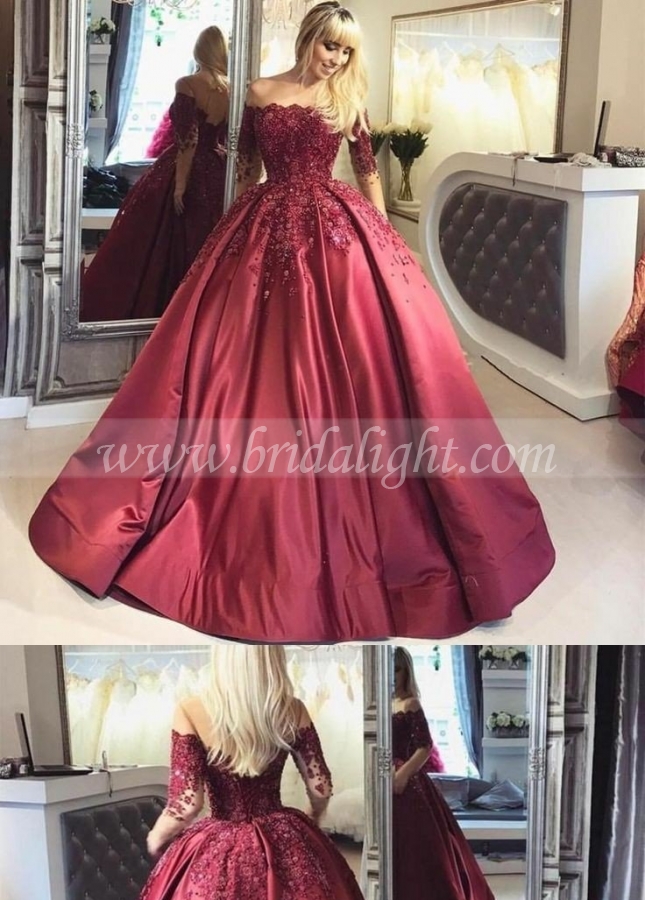 Illusion Long-Sleeve Burgundy Evening Ball Gown Beaded Skirt