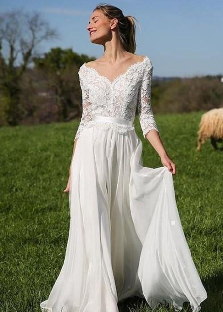 Ivory Lace Chiffon Boho Wedding Gown with 3/4 Sleeves