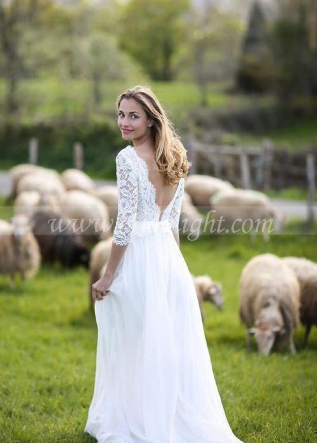 Ivory Lace Chiffon Boho Wedding Gown with 3/4 Sleeves