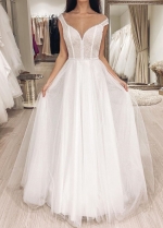 Illusion Scoop Neckline Tulle Beaded Wedding Gown