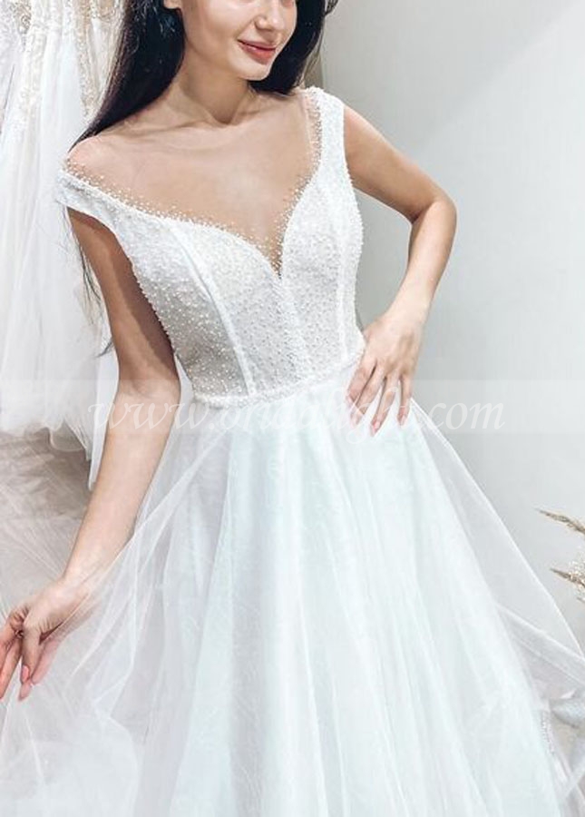 Illusion Scoop Neckline Tulle Beaded Wedding Gown