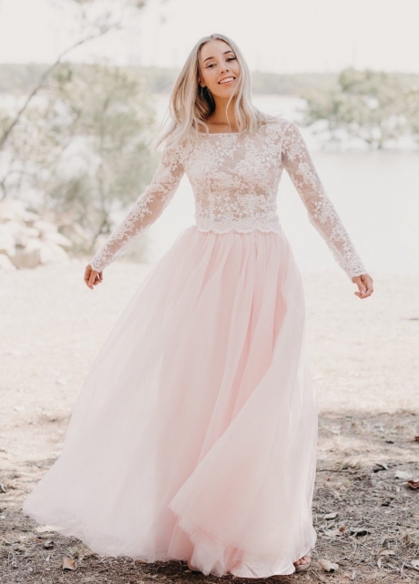 Ivory Lace Long-sleeved Wedding Gown Light Pink Tulle Skirt