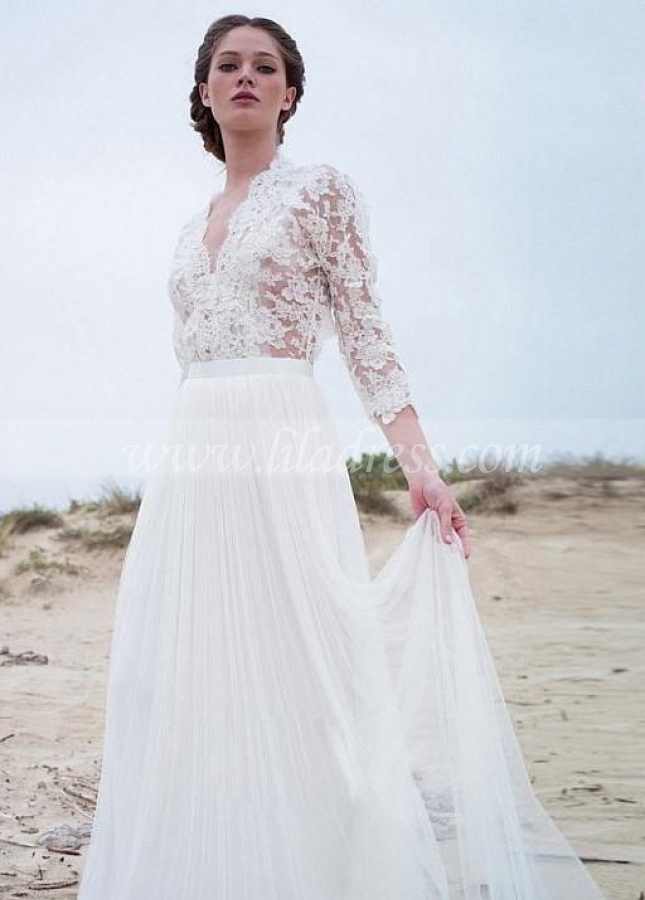 Illusion Lace Sleeves Boho Wedding Gown with Tulle Skirt