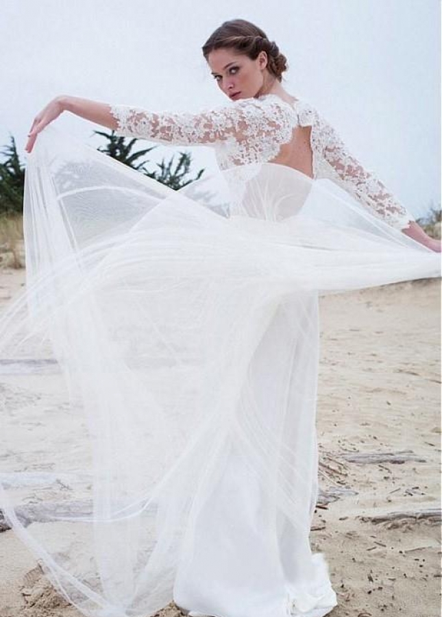 Illusion Lace Sleeves Boho Wedding Gown with Tulle Skirt