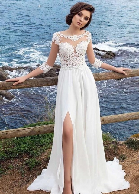 Illusion Appliques Sleeves Beach Wedding Dresses with Chiffon Skirt