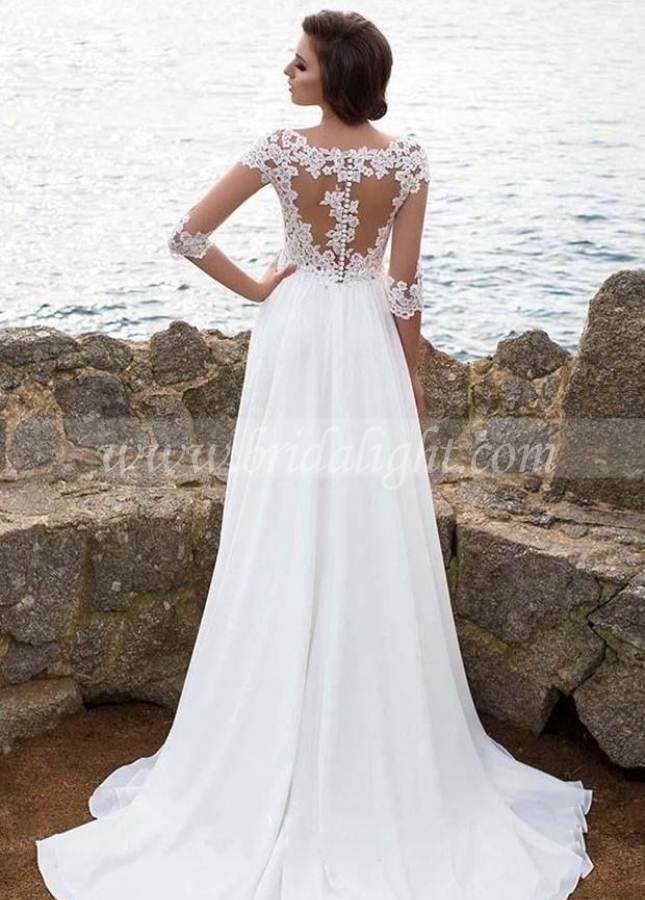 Illusion Appliques Sleeves Beach Wedding Dresses with Chiffon Skirt