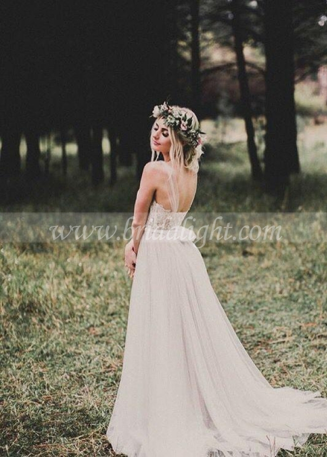 Illusion Neck A-line Lace Boho Wedding Dress with Tulle Skirt