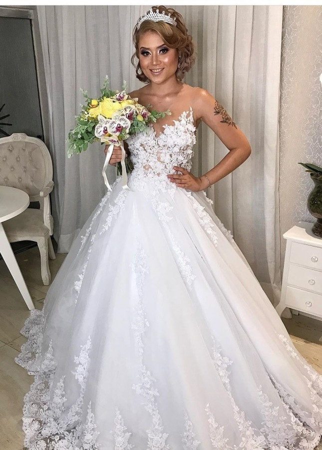 Illusion V-neckline Flower Lace Wedding Gown Bride 2023