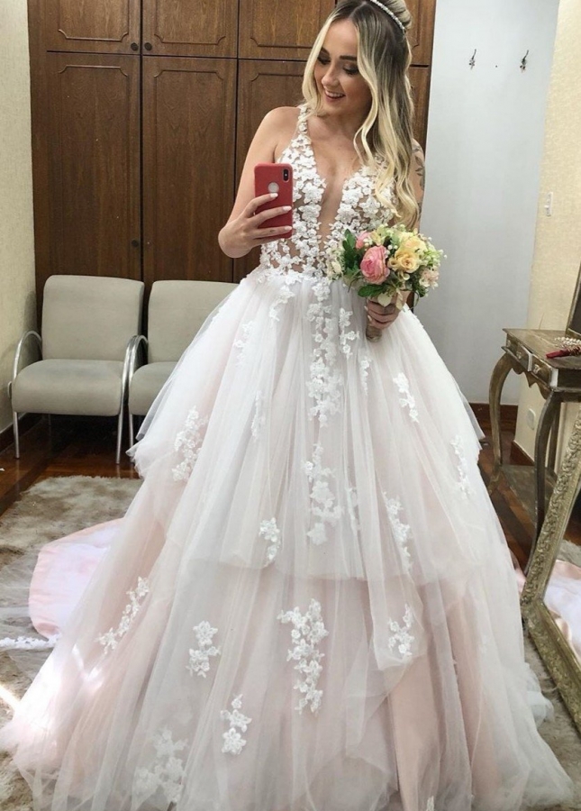 Illusion V-neckline Lace Tulle Wedding Dress for Women 2023