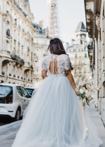 Illusion Lace Short Sleeves Wedding Dress Boho Tulle Skirt