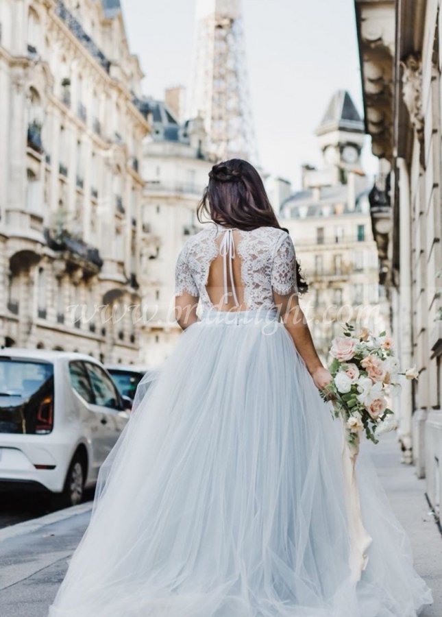 Illusion Lace Short Sleeves Wedding Dress Boho Tulle Skirt