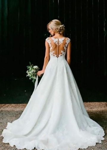 Illusion Lace V-neckline Wedding Lace Dresses Cap Sleeves