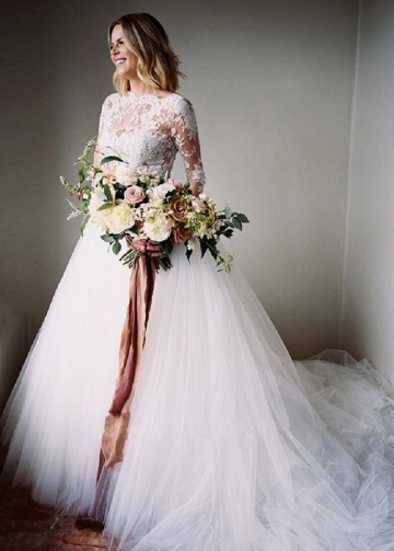 Ivory Tulle Wedding Gown Long Sleeves with Sheer Lace Bodice