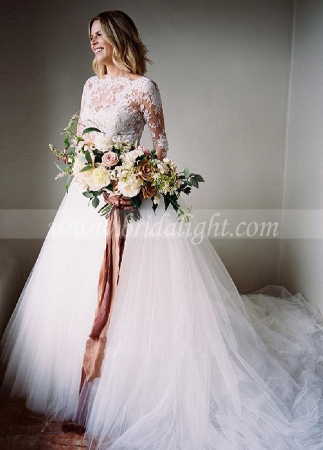 Ivory Tulle Wedding Gown Long Sleeves with Sheer Lace Bodice