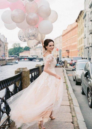 Illusion Long-sleeves Lace Wedding Gown with Blush Pink Tulle Skirt