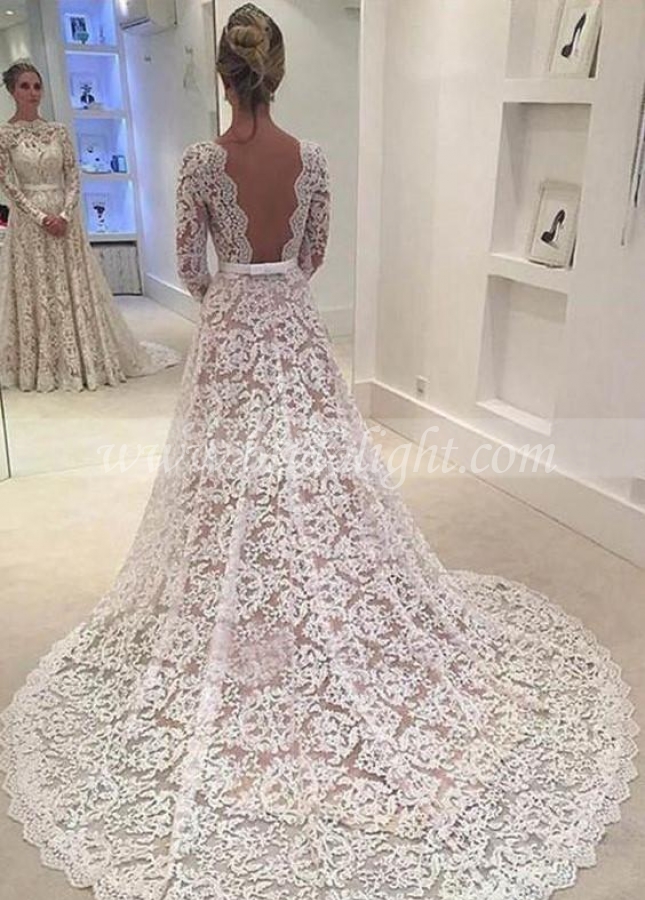 Illusion Neckline Full Lace Wedding Dresses Long Sleeves