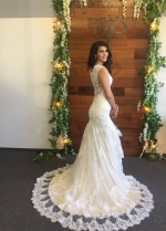 V-neckline Column Wedding Dress Lace Appliques Chapel Train